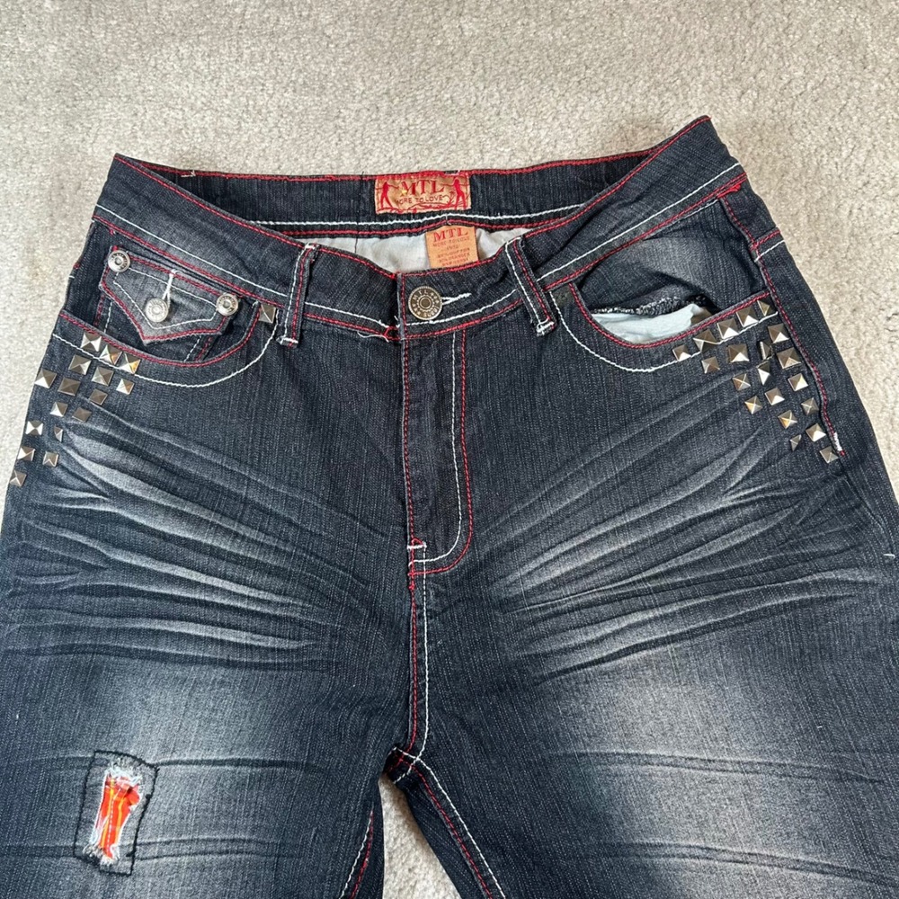 MTL More To Love Jeans Womens 10/12 Dark Wash Studded Contrast Stitch Distressed - Picture 3 of 15